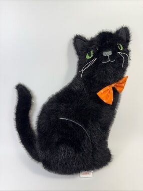 Cynthia Rowely plush black cat pillow with Orange Bow - Decorative Pet Pillow